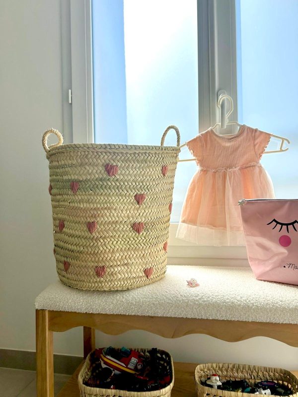 PANIER DE RANGEMENT ROND EN DOUM CŒUR ROSE