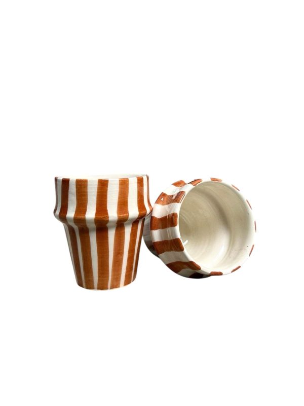 TASSE À CAFÉ BLANCHE RAYÉ MARRON H7 FAIT MAIN (LOT DE 2)