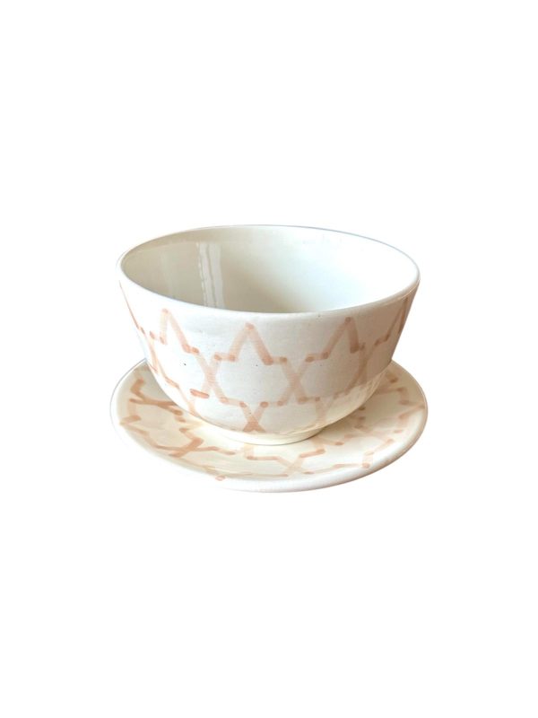 BOL ROND ET SOUS ASSIETTE BLANC À MOTIFS BEIGE (LOT DE 6)