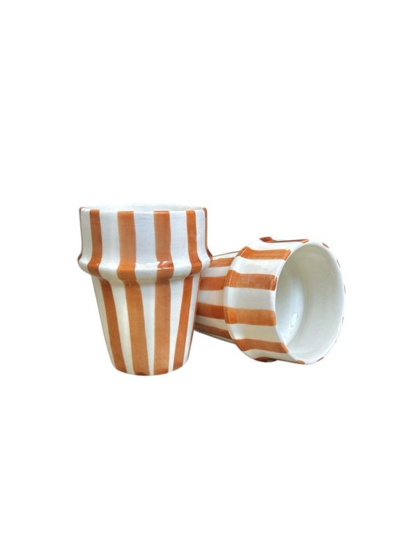 TASSE BLANCHE RAYÉ MARRON H10 FAIT MAIN (LOT DE 2)