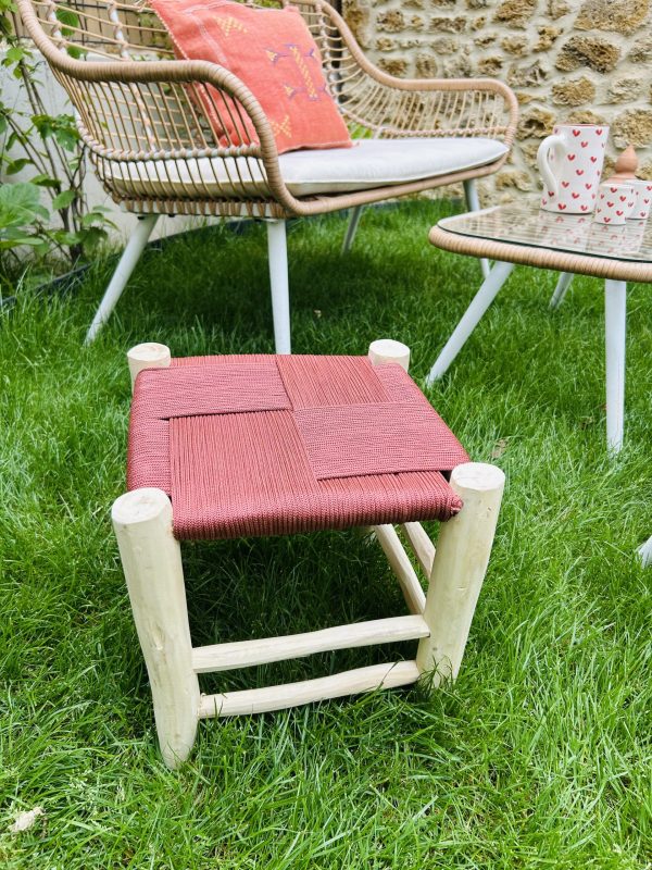 TABOURET EN FIL TERRACOTTA ET BOIS NATUREL 30x30CM