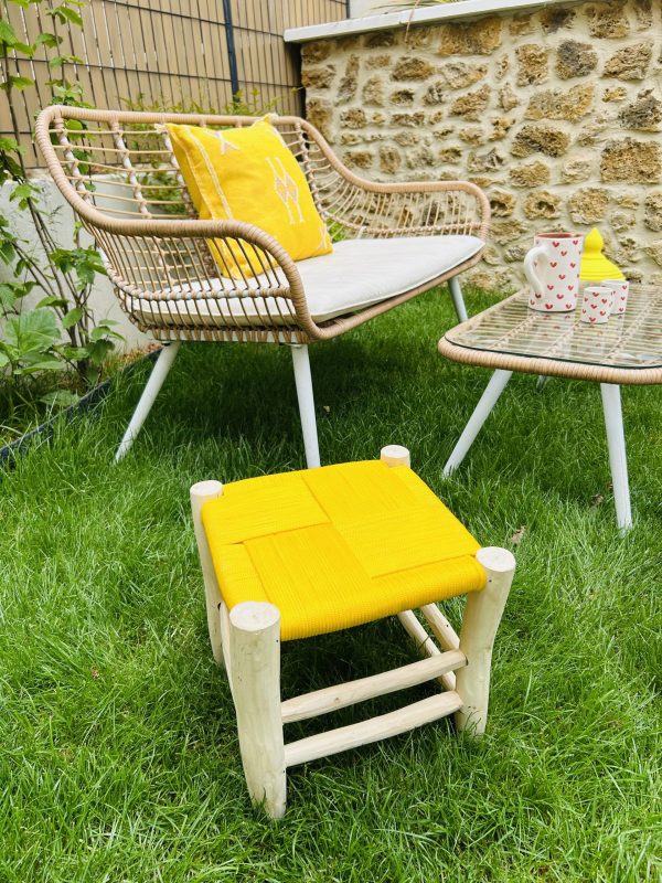 TABOURET EN FIL JAUNE ET BOIS NATUREL 30x30CM