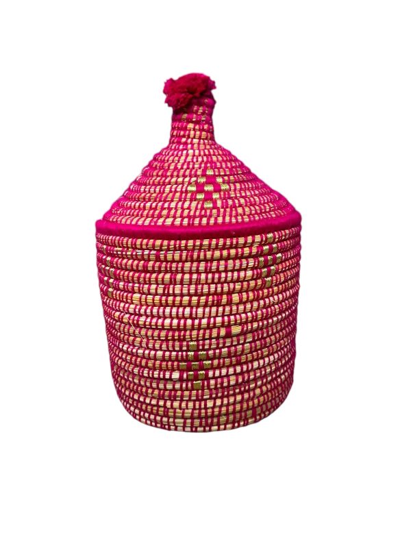 PANIER DE RANGEMENT BERBÈRE EN PALMIER ET LAINE 20CM ROSE MODÈLE ESSAOUIRA