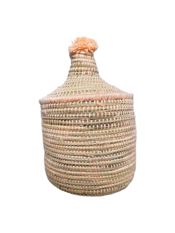 PANIER DE RANGEMENT BERBÈRE EN PALMIER ET LAINE 20CM SAUMON MODÈLE ESSAOUIRA