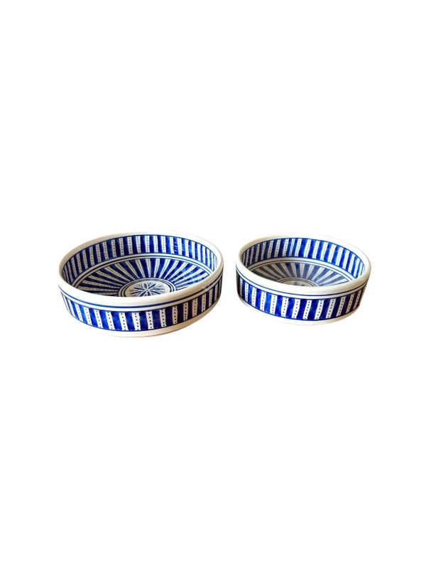 LOT DE 2 SALADIERS PLATS RONDS BLANC ET BLEU MAROCAIN FAIT MAIN