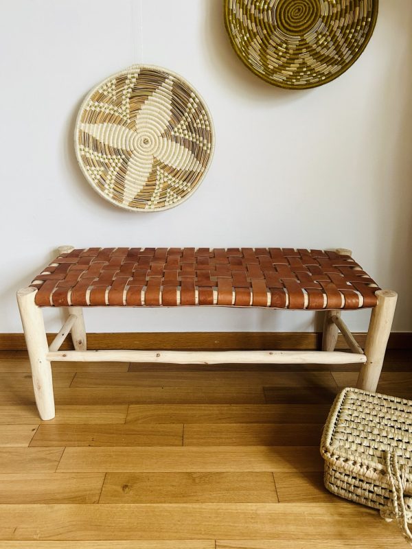 BANC EN CUIR MARRON FONCÉ ET BOIS NATUREL 100CM MODÈLE BZOU