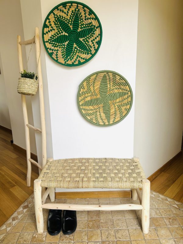 BANC TRESSÉ EN DOUM ET BOIS NATUREL TRESSAGE CARREAU 80CM MODÈLE AGADIR