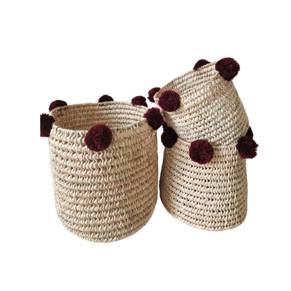 LOT DE 3 PANIERS DE RANGEMENT À POMPONS BORDEAU MODÈLE ERFOUD