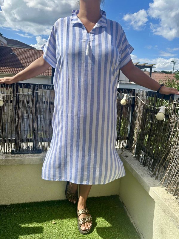 ROBE 100% LIN À RAYURE BLEU