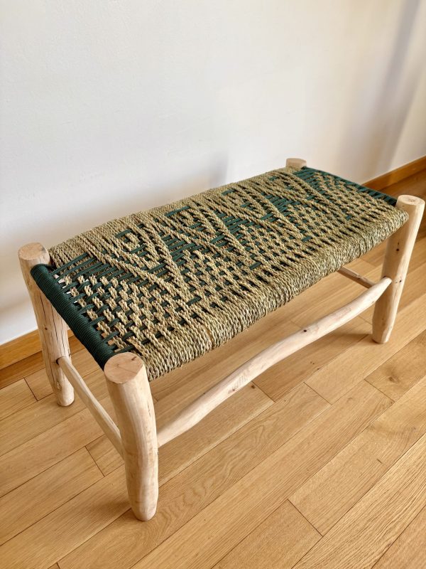 BANC TRESSÉ EN DOUM ET FIL KAKI BOIS NATUREL TRESSAGE CARREAU 80CM MODÈLE AGADIR