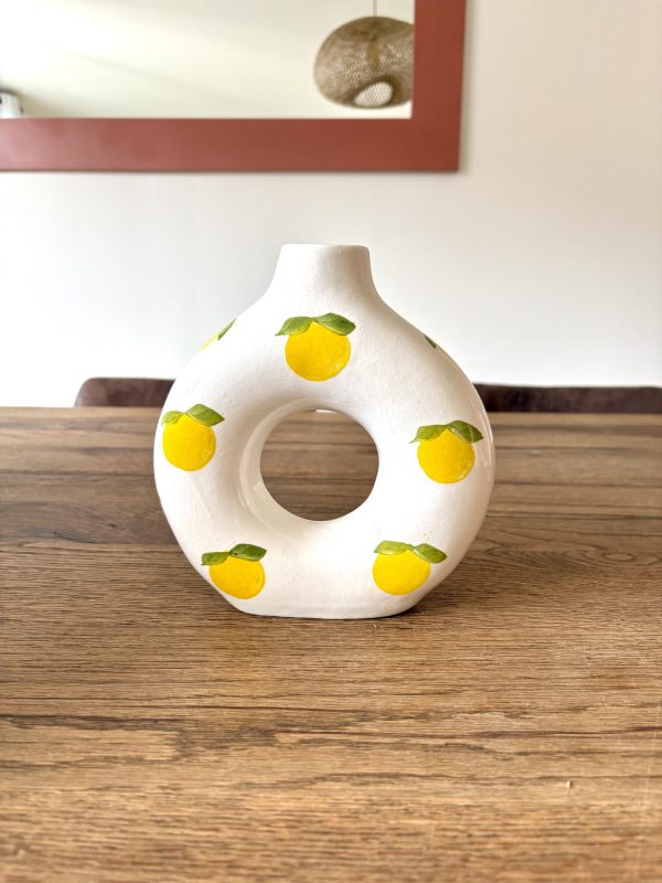 VASE EN TERRE CUITE BLANC DESSIN CITRON