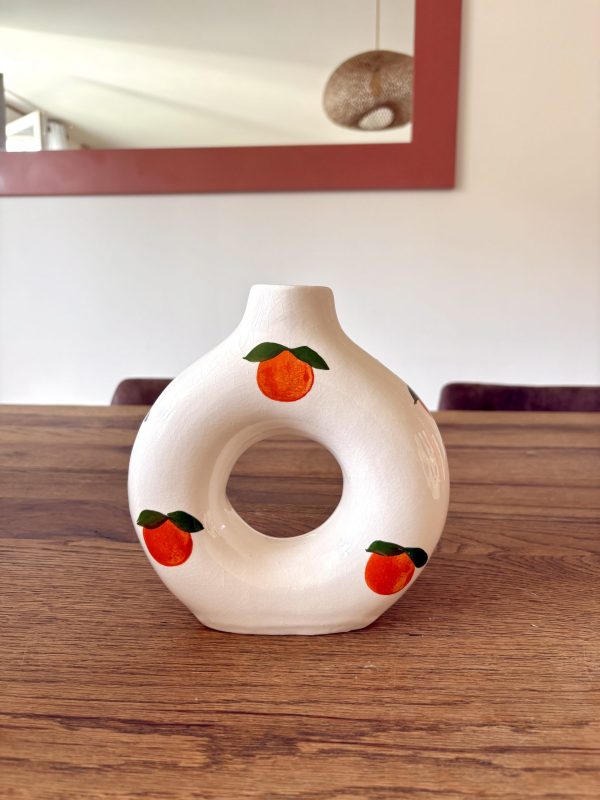 VASE EN TERRE CUITE BLANC DESSIN ORANGE