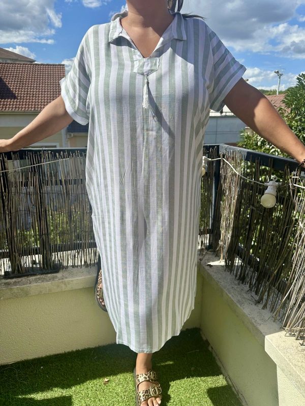 ROBE 100% LIN À RAYURE VERTE